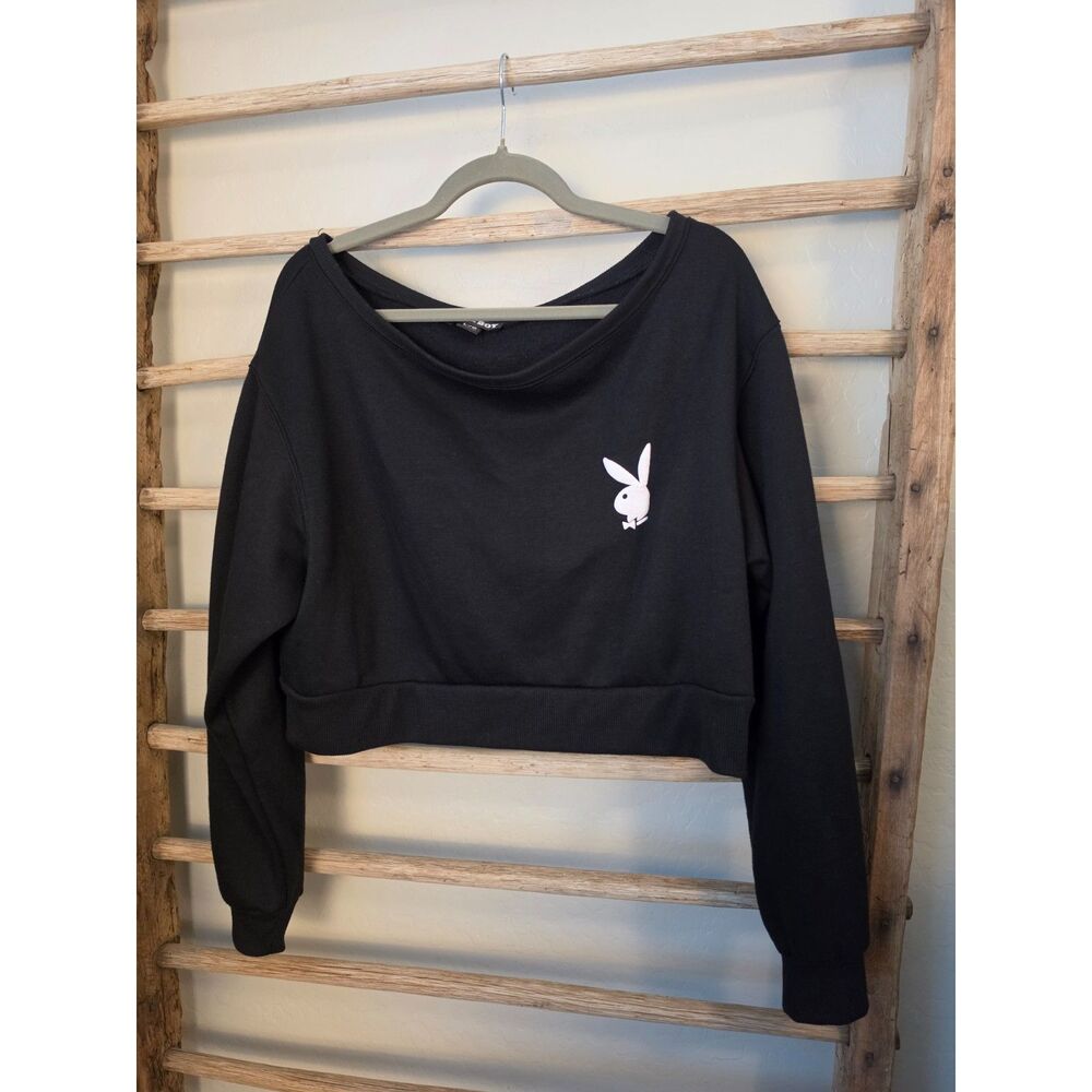 Playboy Women’s L Black Cropped Sweatshirt Bunny Logo Boat Neck Y2K